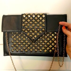 Vintage studded black clutch with optional crossbody chain